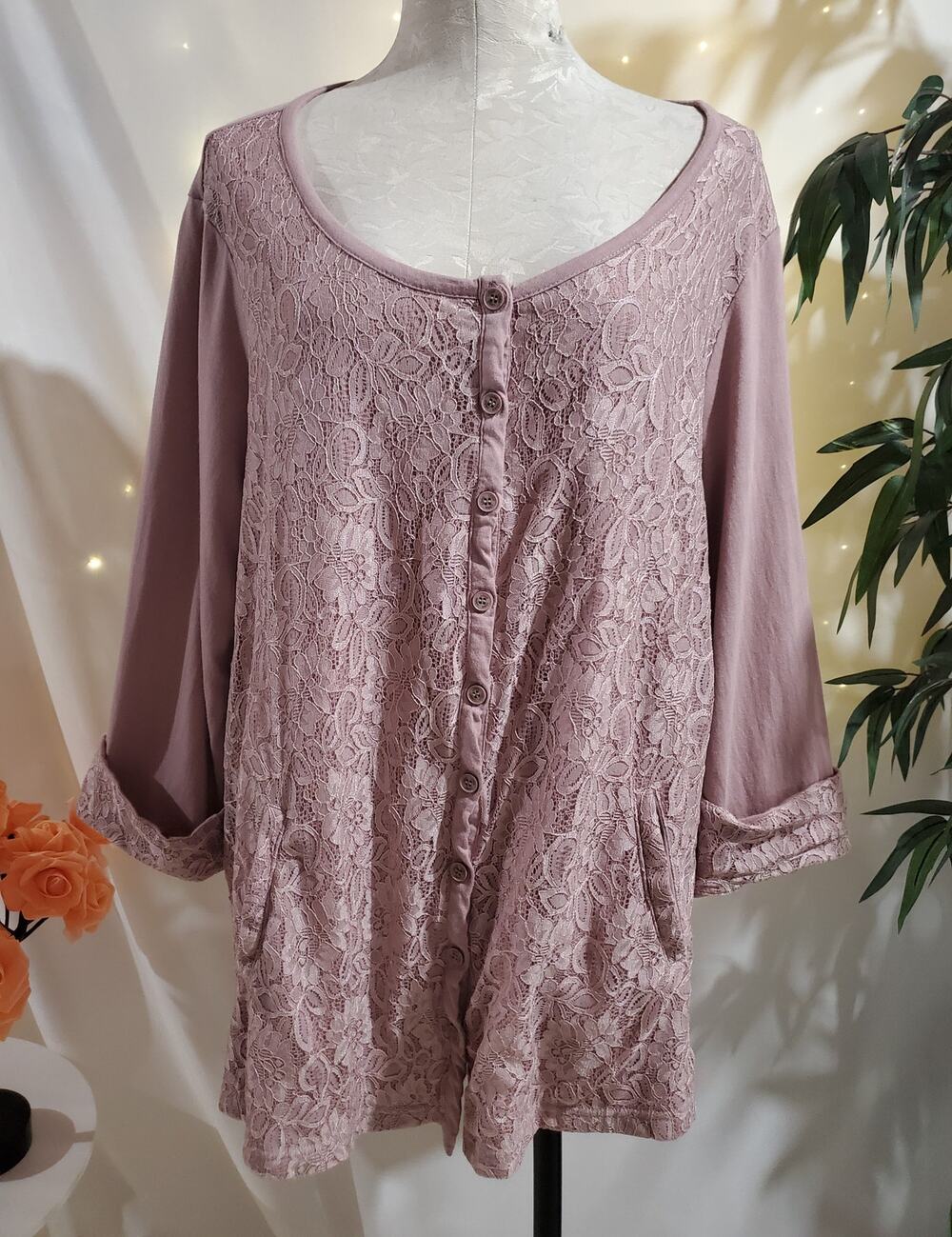 Logo Lori Goldstein Lace 3/4 Sleeve Scoop Neck Button Cardigan Womens Size 2X